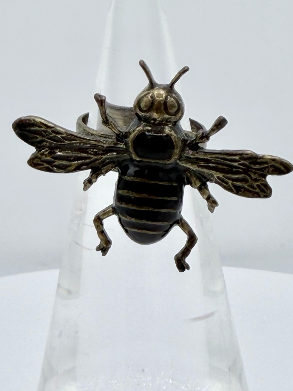 Vintage Bee-Motif Black Enamel & Antique Bronze Adjustable Ring Jewelry Wasps